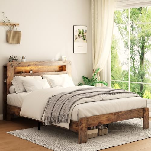 Image of Bellemave Rustic Vintage Full Size Bed Frame with Bookshelves,Storage Headboard and Charging Station,Wooden Platform Bed Frame Full Size with LED Lights and Wood Slats,Easy Assembly,Dark Brown