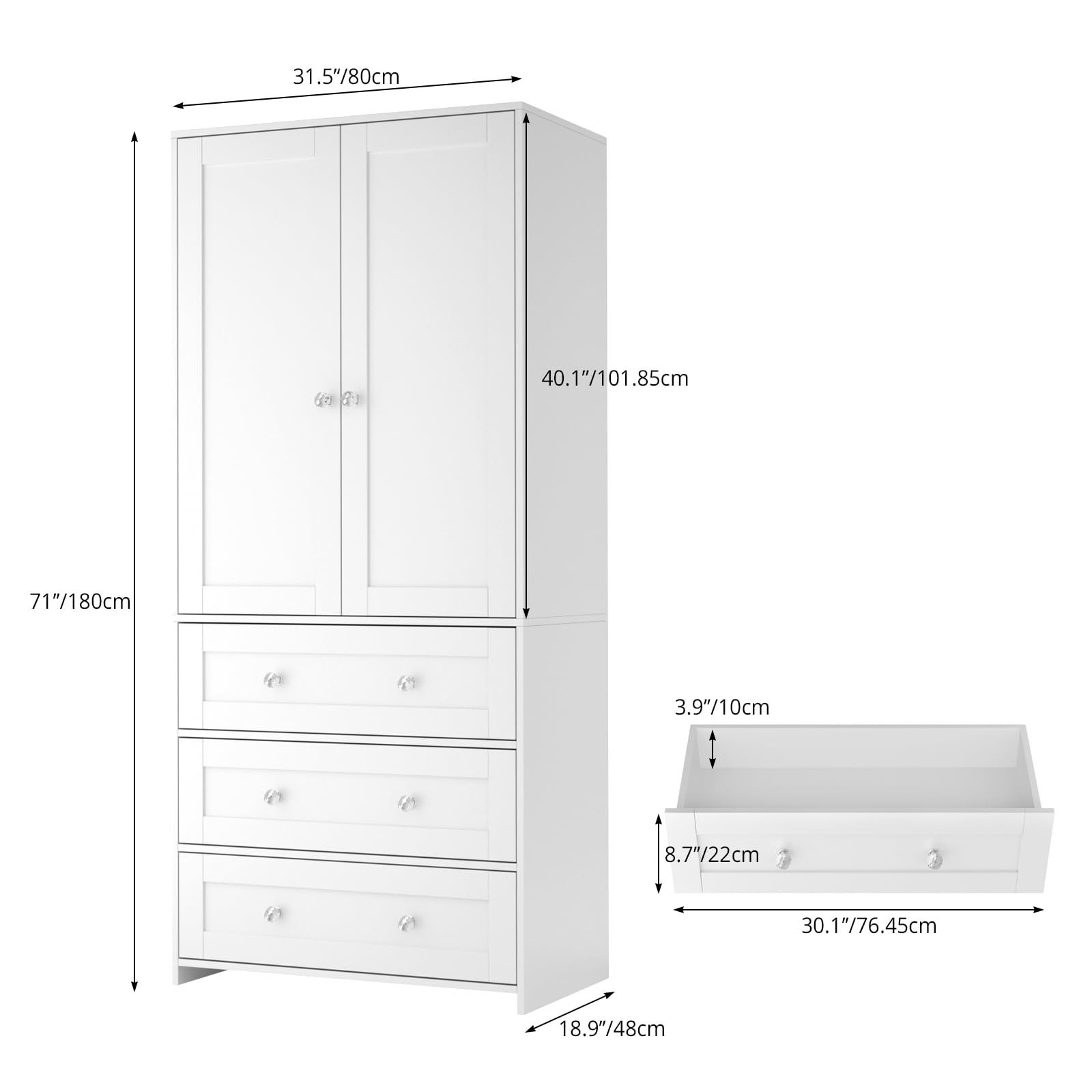 VOWNER Armadio Multiuso 2 Ante, Armadio Camera da Letto, Guardaroba 3 cassetti, Ante a Battente, 80 x 180 x 48 (L x A x P) cm, Legno ingegnerizzato, Bianco, per Camera, Corridoio