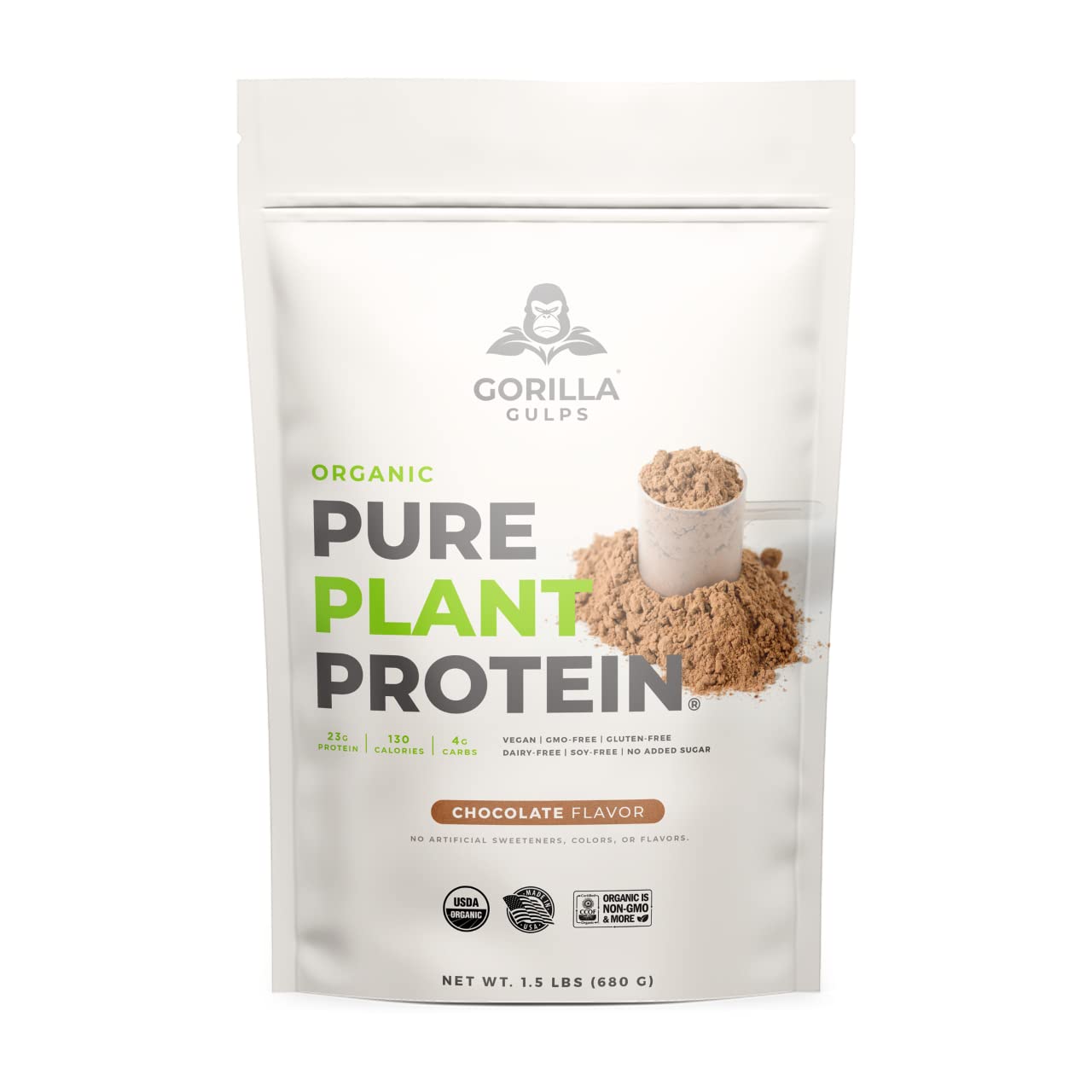 Gorilla Gulps 100% Organic Pure Plant Protein Powder | USDA Certified | Organic Protein Powder | Vegan | Non-GMO | Sugar, Soy, Dairy, & Gluten Free | 20 Servings - ChocolateUSDA Organic