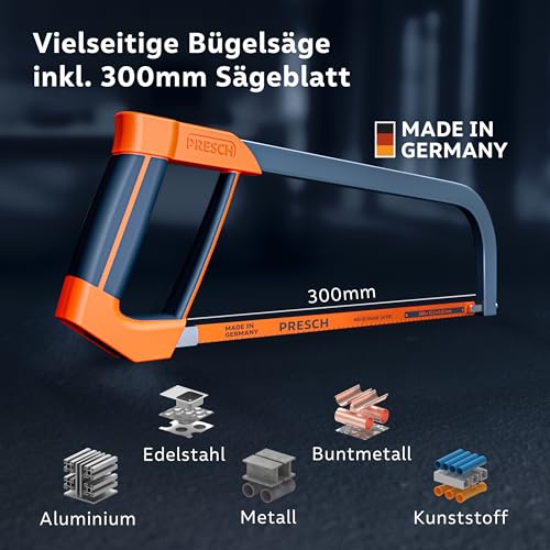 Presch Metallsäge 300mm - Inkl. BI-Metall Sägeblatt für präzise Schneidleistung - 90° Sägeblatt-Rotation für horizontale & vertikale Schnitte - Ergonomischer Griff inklusive Spannschlüssel