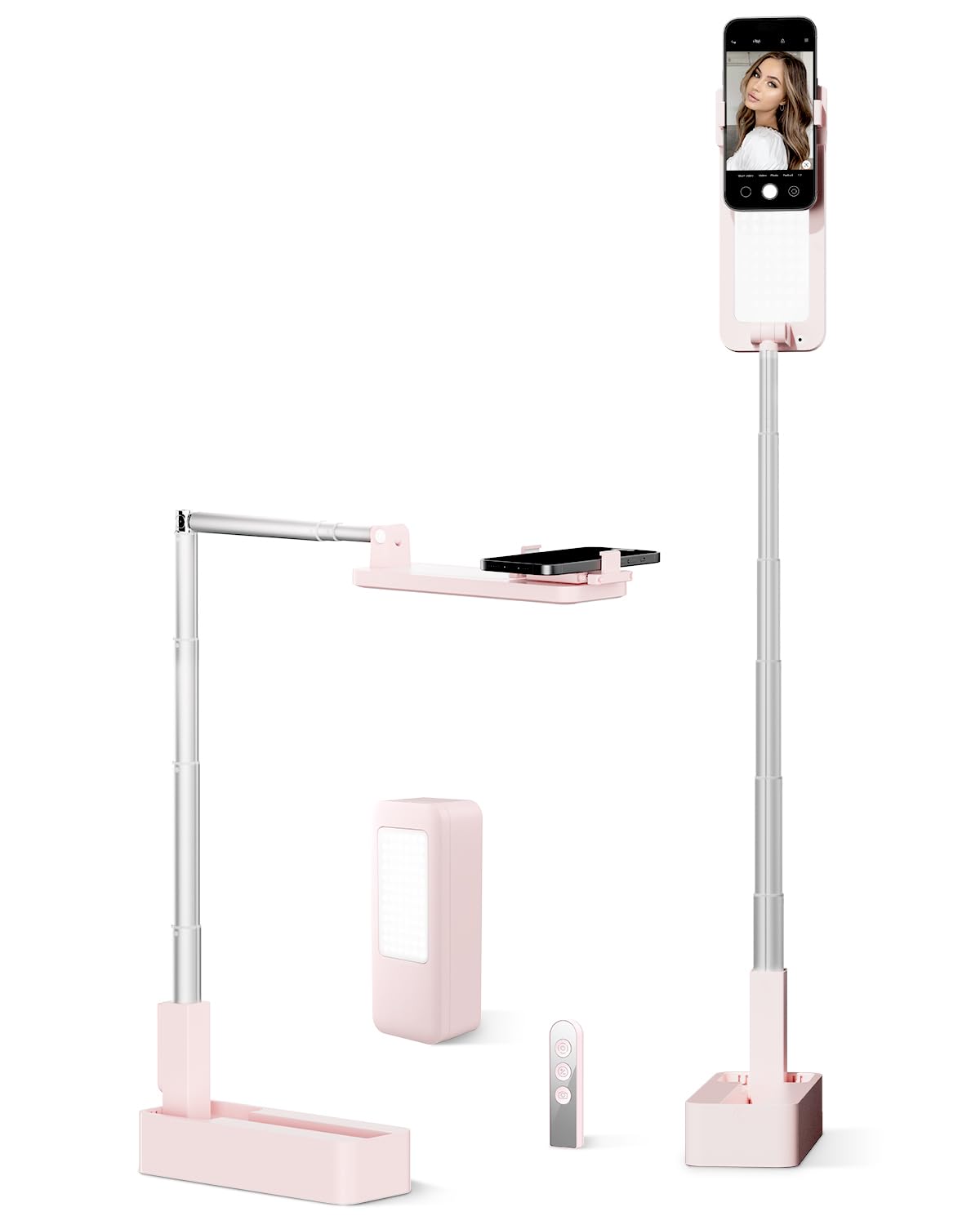 SupeDesk Supporto per telefono per registrazione, con luce LED, supporto per selfie, supporto per telefono estensibile portatile, per telefono da 3,5 a 6,7 pollici, rotazione a 360°, regolabile,