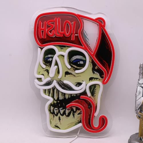 Image of Skull Wearing Hello Hat LED Neon Sign USB Powered for Wall Decor, Horror Skull Tongue Neon Night Light Sign Dimmable for Boys Room Party Decor Halloween Birthday Gifts