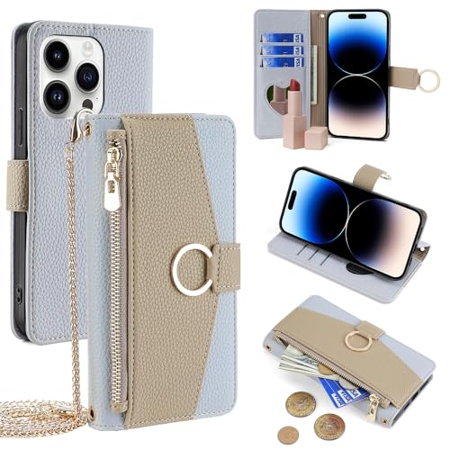 Étui portefeuille iPhone 15 Pro bleu avec bandoulière amovible et pochette zippée
