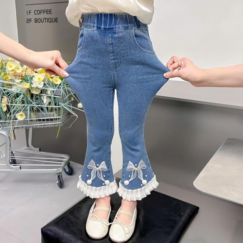 Trendy Girls Denim Pants Wide Leg Flare Jeans with Pearl Bow Embroidery and Comfortable Elastic Waist for Stylish4