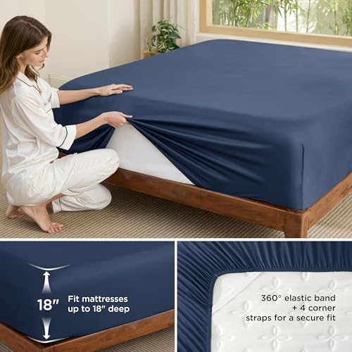 Image of Bedsure PureWoven Full Size Fitted Sheet, 100% Rayon Derived from Bamboo | Cooling Bottom Sheet for Hot Sleepers, Breathable & Soft, Deep Pocket Up to 18 inch, Secure Elastic Corner Straps, Navy
