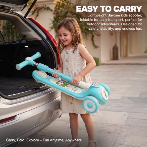Image of Baybee Rydelle 3 Wheel Kick Scooter for Kids with LED Light Up Wheels & Music | Foldable, 3 Height Adjustable Kid Scooter Handle & Brake | Runner Scooters for Kids 2 to 10 Years Boys Girls (Blue)
