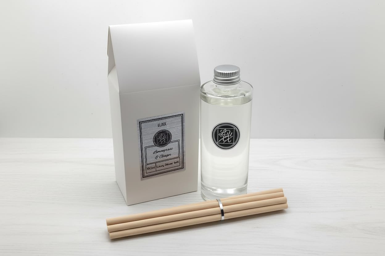 Luxx Black Box/Natural Reeds Lemongrass & Ginger | Creations Large Room Diffuser Refill 150Ml + 8 | Scent Notes: Lemongrass, Lime, Lemon, Cinnamon, Ginger, Patchouli & Nutmeg