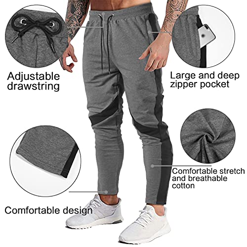 Outson Men's Slim Jogger Pants Zipper Pockets With Elastic Striped Sweatpants For Jogging, Workout, Gym, Running, Training Dark Grey #TOP4