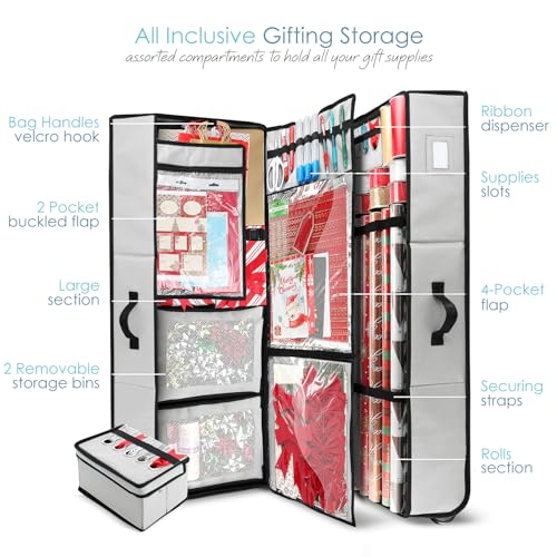 Image of Hearth & Harbor Wrapping Paper Storage Container with Ribbon Dispenser and Interior Pockets - Large Christmas Storage Containers with Wheels, Fits 30 Rolls of 40 inch Length, Silver