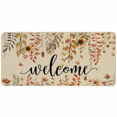 ORTIGIA Fall Doormat Sunflower Leaves Welcome Door Mat 17x36 Inch