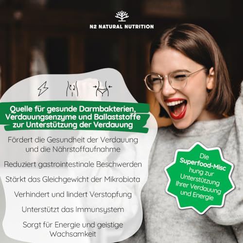 Flohsamenschalen Komplex Verdauungsenzyme + Ballaststoffe + Vitamin C. Darmbakterien für Stoffwechsel und Darmflora Aufbau. Nahrungsergänzungsmittel. Vegan. N2 Natural Nutrition