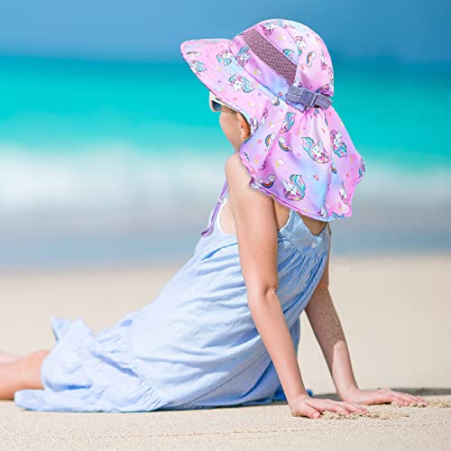 Kids Sun Hat For Girls Beach Hat Wide Brim Summer Hat Neck Flap Plat Hat For Toddler Kids 2-9 Years, Pink Unicorn #TOP2