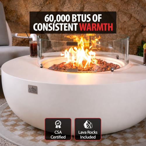 Image of AMS Creations | Eclipse 44 inch Bundle Round Cast Concrete Propane Gas Fire Pit Bowl Table | Cream White | Smooth Texture Surface | Electronic Ignition | Outdoor Patio Heater Outside Backyard Fireplace