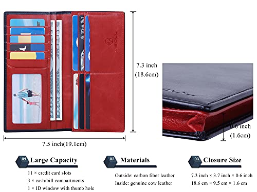 Image of VISOUL Leather Checkbook Cover Wallet for Men with RFID Blocking, Mens Long Bifold Cash Tall Wallet with 11 Credit Card Slots 1 ID Window (Black and Burgundy)