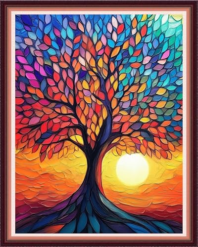 Image of Fanxvivy Stamped Cross Stitch Kits for Beginners Full Range of Cross Stitching Preprinted Embroidery Kits for Adults, 11CT Embroidery Pattern Needlepoint Kits-Colorful Tree Sunrise 16x20 inch