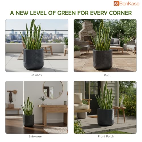 Image of Bonkaso 15 Inch Ribbed Planter Pot for Indoor & Outdoor Use | Round Heavy Duty Polymer Flower Pot | Lightweight Weather Resistant Modern Gamla for Living Room Balcony & Terrace (Dark Grey)