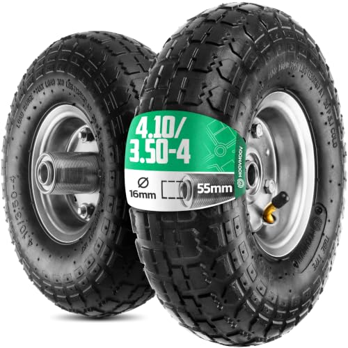 MOOVMOOV Roue gonflable 4.10/3.50-4 (x2) Alésage 16mm - Pour diable, chariot et brouette. Roue complète : pneu + chambre à air avec valve coudée + jante acier avec roulements à billes
