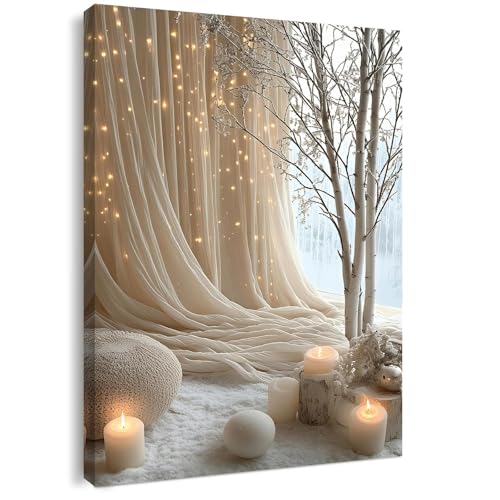 Qiukoo Canvas Wall Art Framed Cozy Neutral Candle Lights Artwork Soft Winter Hygge Style Wall Decor for Bedroom Living Room Hallway or Entryway Home Decoration with Hooks and Nails 12x16 Inch