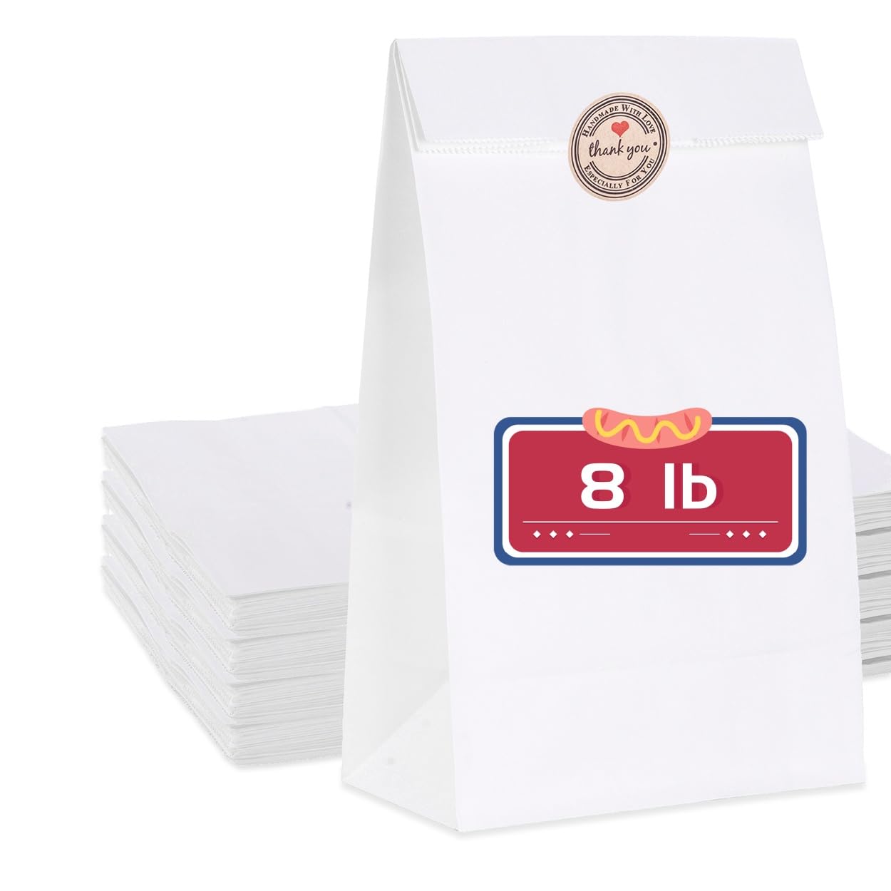 GRANDAN Bolsas de almuerzo de papel de 8 libras, 6.1 x 4 x 11.8 pulgadas, bolsas de papel kraft reciclables para almacenamiento de alimentos caseros y pequeñas empresas, calcomanías de sello de