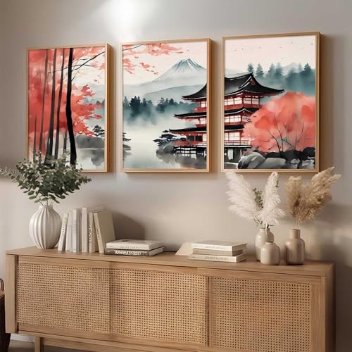 Image of kotart Big Aesthetic Mount Fuji View Wall Art Paintings | Mountain Landscape Framed Painting | Nature Art Vastu Frames for Living Room Bedroom Wall Decor Set Of 3 (10X13 inch)