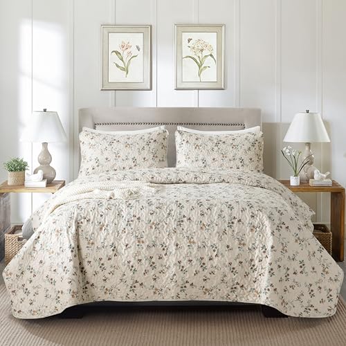 BUPIRD Floral Queen Quilt Set 3 Pieces Soft Lightweight Microfiber Bedspread Coverlet Queen Quilt Bedding Set Vintage Floral Printed Quilt Set 1 Quilt and 2 Pillow Shams for All Season
