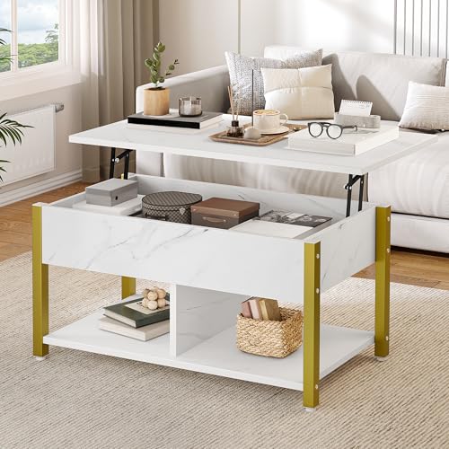 Table basse plateau relevable rangement marbre blanc YITAHOME