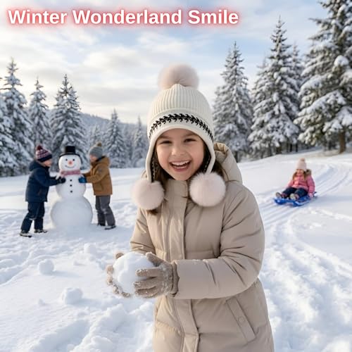 Image of Kraptick Children's Winter Cap: Velvet Thick Warm Woolen Knit Hat with Ear Protection for Children Stylish Korean Beanie with Long Pompom Ears & Fleece Lining Perfect for Winter -4