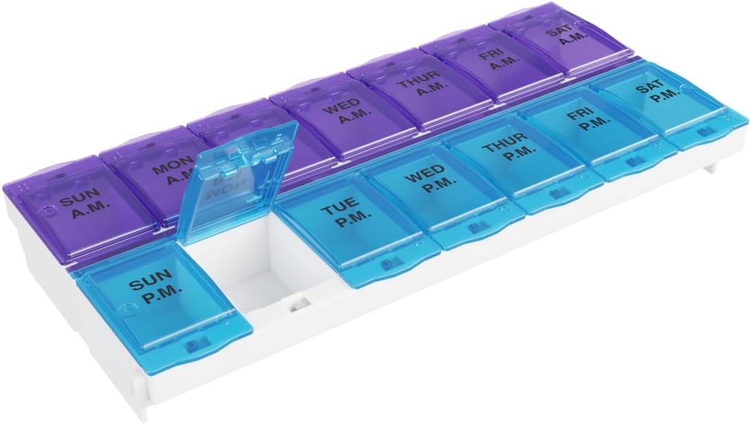 ezy dose pill organizer weekly am/pm (7-day), medicine planner, vitamin case/box, 2x-large locking compartments to secure prescription and prevent accidental spilling, blue and purple, bpa free
