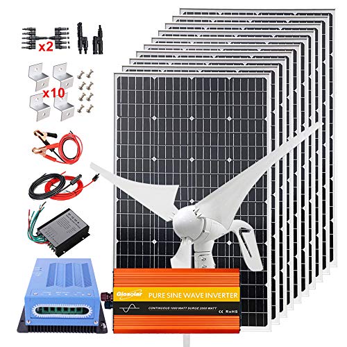 1400 Watt Solar Wind Turbine Kit 12V Complete Kit with 2000W Inverter:1x 400W Wind Turbine Generator +10pcs 100W Mono Solar Panel High Efficiency + MPPT Charge Controller +Cables + Bracket