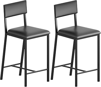 Counter Height Bar Stools Set of 2, 26" Modern Faux Leather Bar Chairs with Back & Sturdy Metal Legs, Armless Kitchen Island Chairs for Kitchen Island, Black 2 Pcs