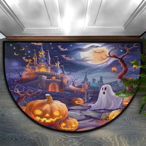 Image of cfpolar Half Round Door Mat Halloween Pumpkin bat Ghosts Non-Slip Semi Circle Area Rug Washable Half Moon Hearth Rugs for Indoor Outdoor Bathroom Kitchen Patio Runner Mat Laundry Room Home Decoration