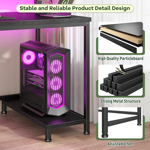 Image of DurayLoly 39.3 inch Gaming Desk with Power Outlet and LED Lights,Computer Desk with Adjutable Monitor Stand and Drawer,Office Desk with CPU Stand for Home Work,Study and Gaming, Small Spaces,Black