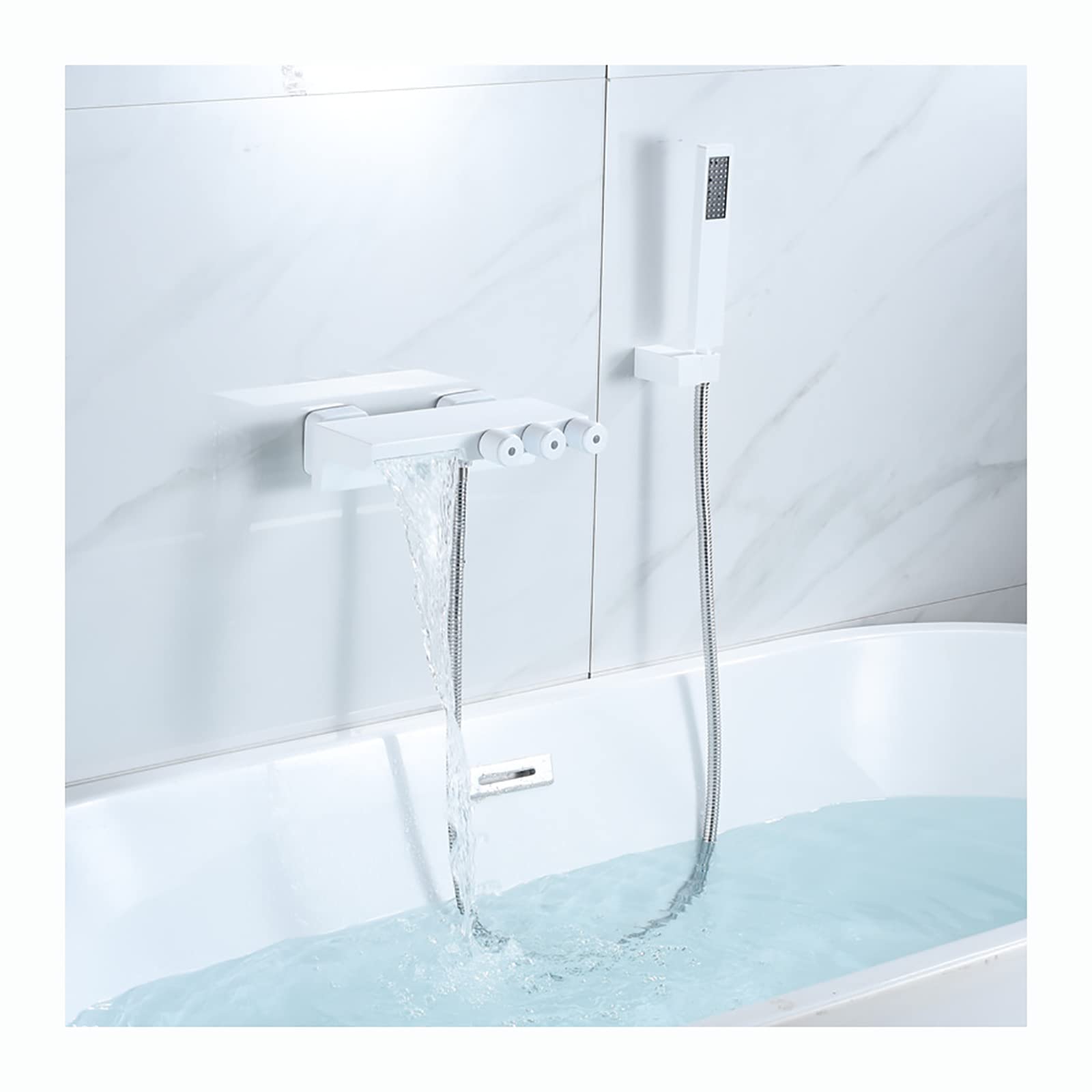 GLJTUO Bathtub Faucet Waterfall with Handheld Shower, Tub Faucet Wall Mounted Tub Tap Brass Tub Filler Faucet 3 Handles Filler Mixer Tap with 1.5M Shower Hose,Chrome,White