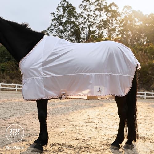 Image of BARN & STABLE Breathable and UV Protective Tear-Resistant Mesh Horse Fly Sheet Comfy Equine Summer Sheet with Removable Web Leg Straps (White - Loose Fit, 69 in)