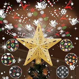 Christmas Tree Topper Lighted with 6 Pattern Projection Modes, Christmas Star Tree Topper Built-in LED Rotating Lights, 3D Glitter Dynamic Projection for Christmas Tree Decor(Gold) Christmas Tree Topper Lighted with 6 Pattern Projection Modes Christmas Star Tree Topper Built in LED Rotating Lights 3D Glitter Dynamic Projection for Christmas Tree DecorGold