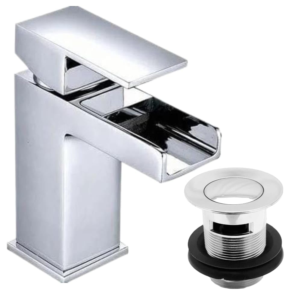 Square Lever Waterfall Mono Basin Mixer Tap with Waste – Bathroom Sink Tap, Bathroom Basin Mixer Tap, Modern Chrome Basin Mixer Tap for Bathroom Sink