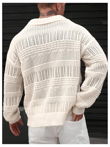 Men's Sheer Crochet Sweater See Through Long Sleeve Knit Collar V Neck Pullover Tops3