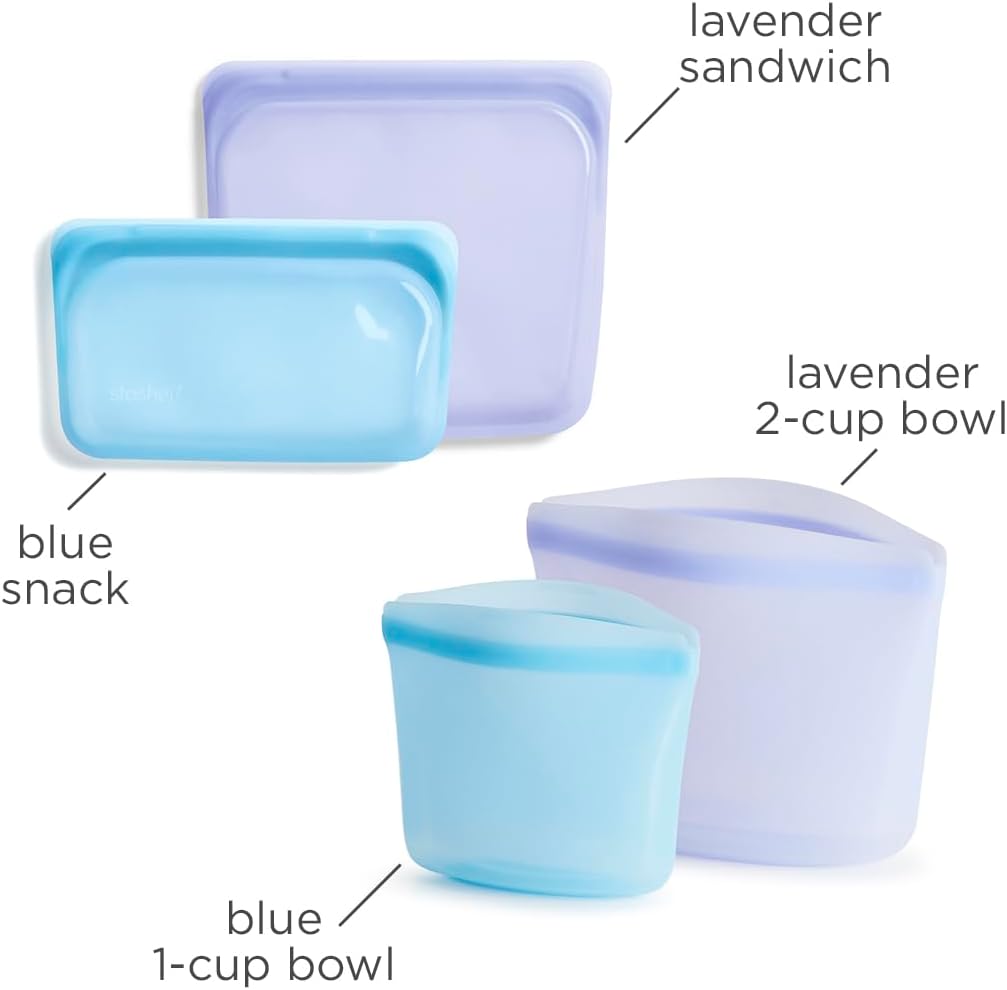 Stasher Silicone Reusable Storage Bags, 4-Pack, Reusable Freezer Bags, Microwave, Dishwasher, Oven Safe, Sous Vide, Premium Lunch Containers, Eco Friendly, Food Storage Bags, Snack Bags, Multicolor