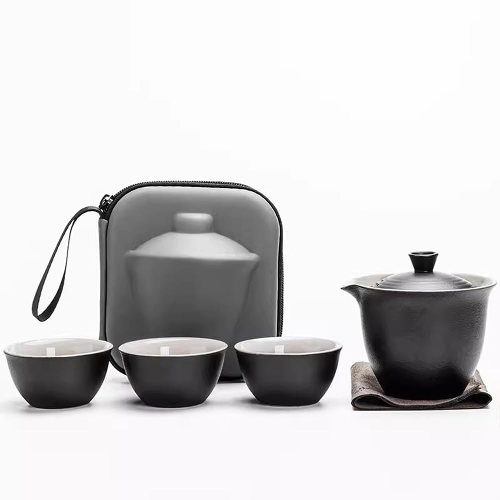 Set Di Tazze Da Tè in Ceramica Portatile, Set Da Tè Kung Fu 1 Pentola 3 Tazze Di Stoccaggio Con Coperchio, Adatto Per Picnic Da Viaggio in Casa, Tè A Foglie Sciolte Filtrate,Nero