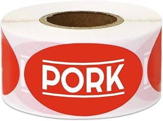 Pork Stickers - 1.75 x 1 Inch Pork Meat Labels in Bright Red for Restaurant Deli Food Truck Meat Markets Supermarket Grocery Store Stickers Food Meal Choice Package Label - 300 Count/Roll