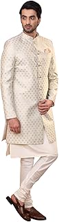 KISAH Men's Off-White Jacquard Indowestern Sherwani Kurta & Pajama Set - Regular Fit, Mandarin Collar