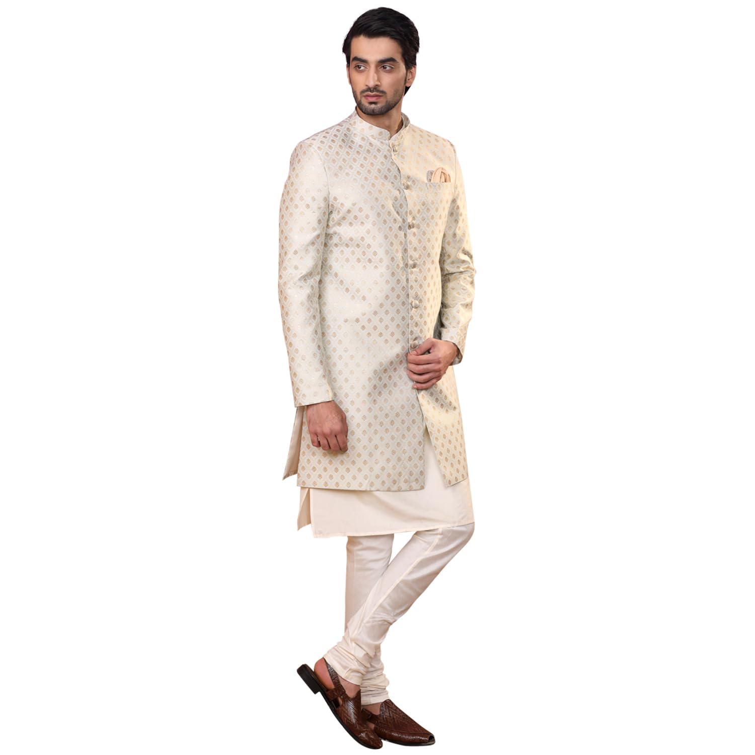 Men's Off-White Jacquard Indowestern Sherwani Kurta & Pajama Set - Regular Fit, Mandarin Collar |Indian Ethnic
