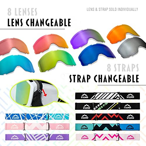 Stomp Ski/Snowboarding Goggles 100% Uv400 Protection Replaceable Lens/Straps Goggle For Men, Women & Youth (White Frame/Gold Lens Vlt 10%) #TOP5