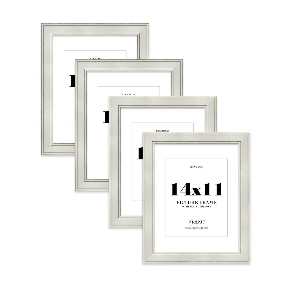 14x11" Light Grey Picture Frame with 10x8" Mount - Shabby Chic Photo Frame with Distressed Finish, Gold Trim, Wall Hooks and Kickstand, 37mm Edge - 4 Pack