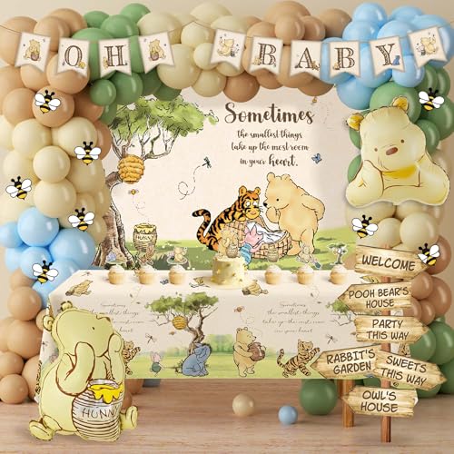 Classic Winnie Bear Baby Shower Decorations Neutral Vintage Winnie Baby Shower Balloon Arch Backdrop Banner Tablecloth Cake Cupcake Topper Bee Stickers Arrow Signs for Winnie Gender Reveal