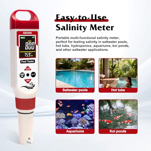 Image of Digital Chlorine Tester Pool Salinity Meter, Hot Tub Chlorine Meter | 7-in-1 pH Meter Test FAC pH Salt ORP TDS EC, AAA Battery,ATC, Pool Tester pH Tester for Drinking Water Quality Chlorine Level