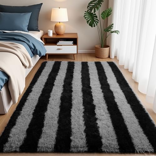 Zentavio Area Rugs for Living Room Rugs for Bedroom 4x6 Carpet Fluffy Fuzzy Soft Shag Aesthetic Plush High Pile Gray Throw Rug for Nursery Kids Room Dorm Horizontal Stripes Black Grey