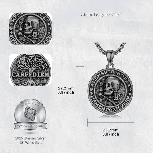 Memento Mori Necklace 925 Sterling Silver Skull Pendant Hourglass Tree of Life Memento Mori Jewelry Gifts for Men Women4