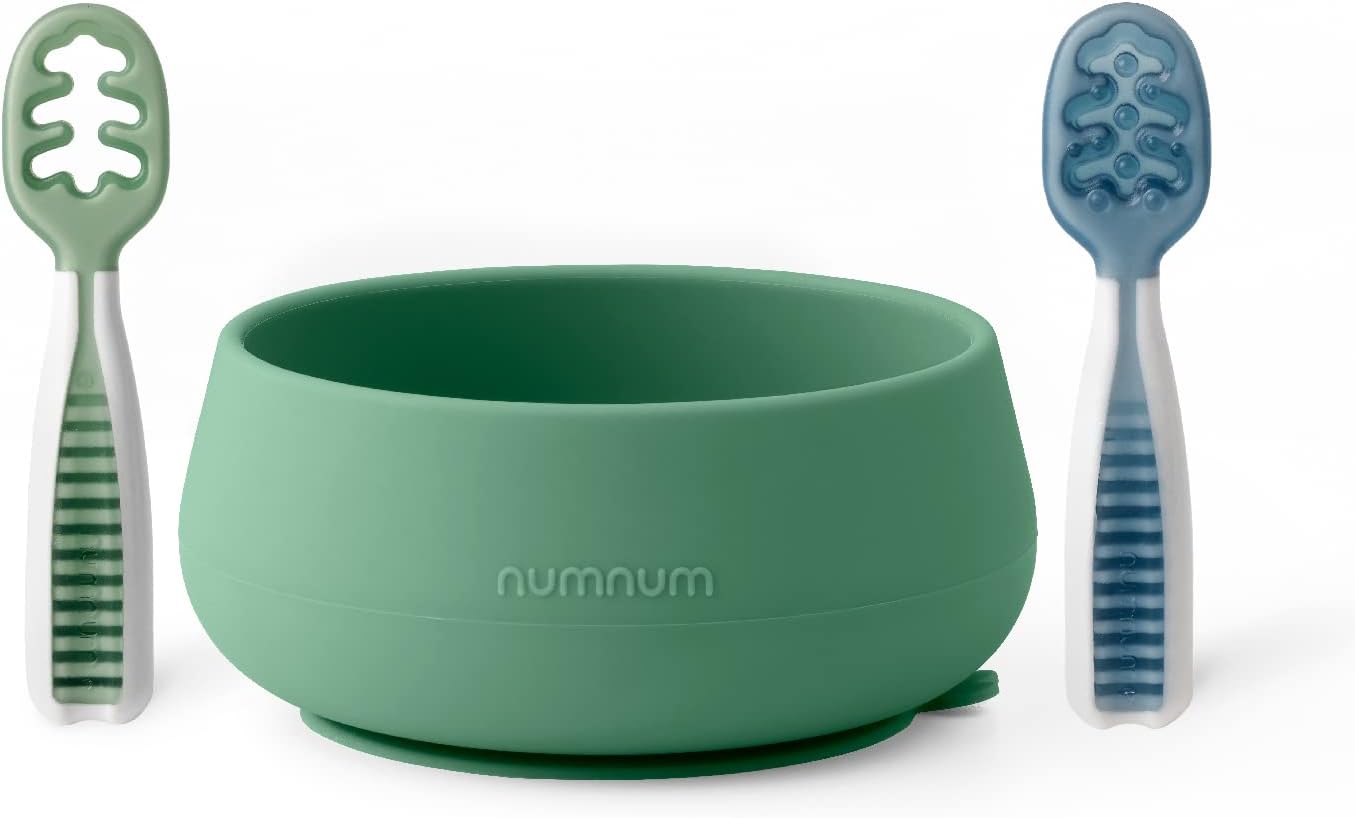 Baby Bowl & 2 Pack GOOtensils Baby Spoons, Suction Bowls for Baby 4+ Months, Extra Strong Non-Slip Suction, 100% Food-Grade Silicone, BPA-Free, Microwave & Dishwasher Safe (Green/Blue)