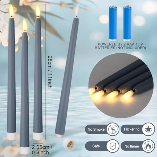 Image of Handepo 48 Pack Flameless Taper Candles Realistic with Flickering Candlelights Plastic 11 Inch Last Long Battery Operated Window Candlestick for Halloween Christmas (Dusty Blue)
